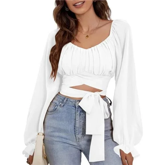 Ruched Wrap Square Neck Flounce Long Sleeve Self Tie Crop Top Blouse